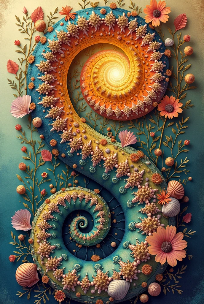 create an artwork showcasing the application of the Fibonacci Sequence around us and highlight the Golden Spiral. make the art style its like a drawing but colorful