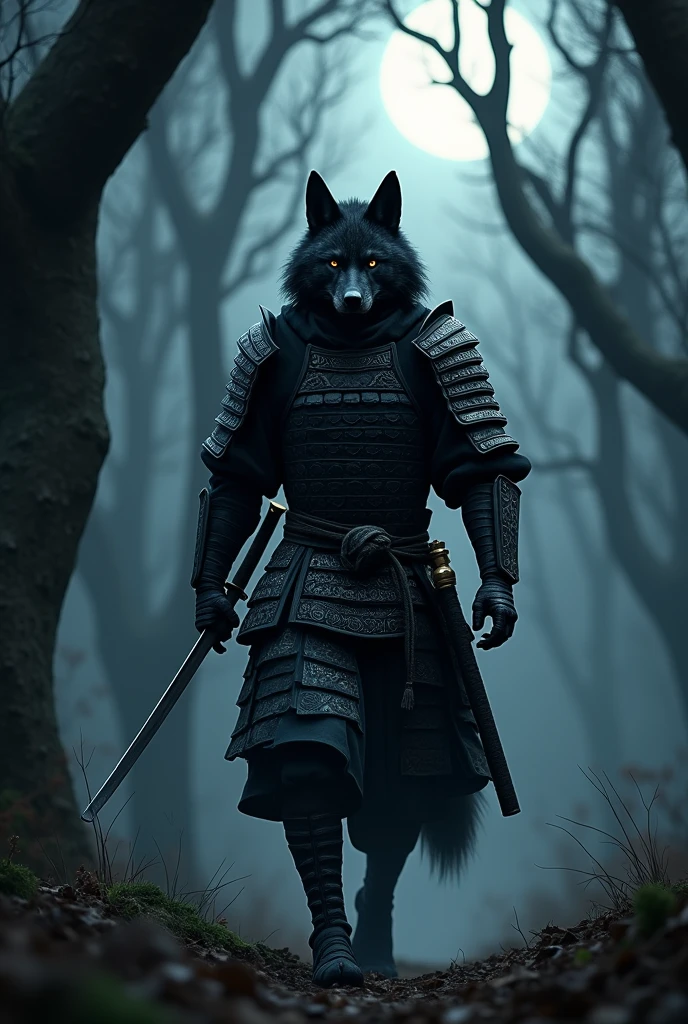 very strong、Wolf Samurai、Warrior、The body is slender、Pitch black armor、Dark Messenger、Walking in the forest at night、Very realistic、Ultra HD、32K、