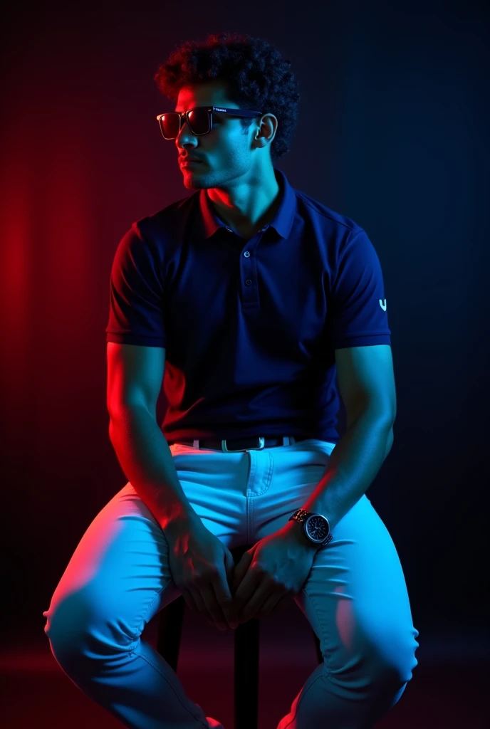 A 15 years old tan boy with gym body and black curly hair and navy blue polo t shirt and white long trousers and old watch on it and black loafers sitting on black stool and black background with red and blue light on it the boy turning right side and wereing a sunglass