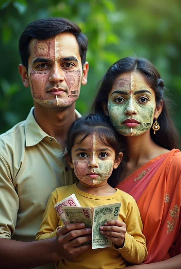 Indian middle class family real face on front and back is green with Indian currency in hand