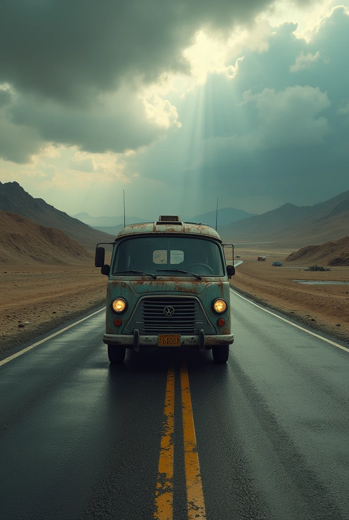 (photorealism:1.2), van life bloqued on apocalyptic road. Road trip adventures
