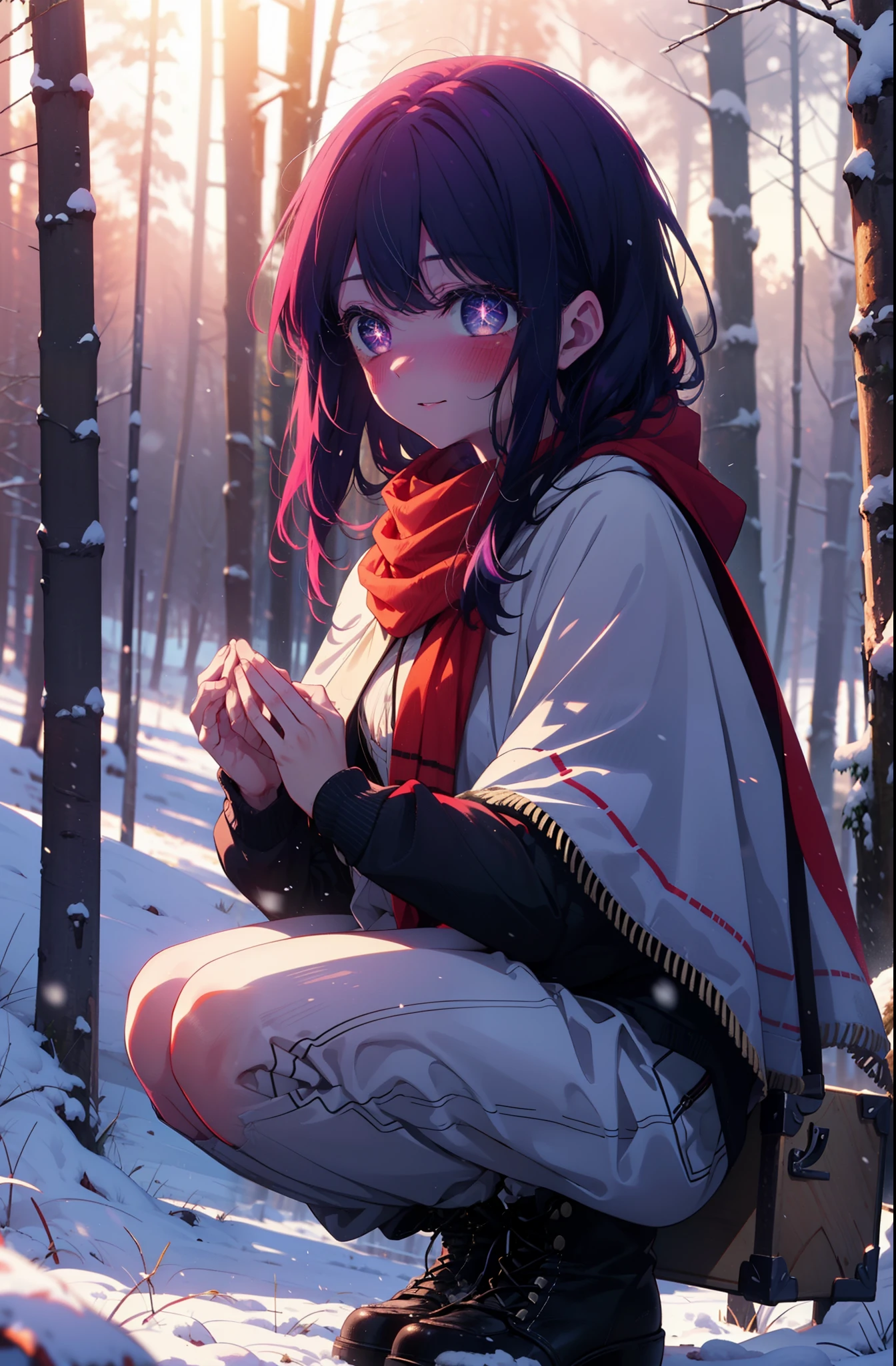 aihoshino, Ai Hoshino, Long Hair, bangs, (Purple eyes:1.1), Purple Hair, (Symbol-shaped pupil:1.5), smile,,smile,blush,white breath,
Open your mouth,snow,Ground bonfire, Outdoor, boots, snowing, From the side, wood, suitcase, Cape, Blurred, , forest, White handbag, nature,  Squat, Mouth closed, Cape, winter, Written boundary depth, Black shoes, red Cape break looking at viewer, Upper Body, whole body, break Outdoor, forest, nature, break (masterpiece:1.2), Highest quality, High resolution, unity 8k wallpaper, (shape:0.8), (Beautiful and beautiful eyes:1.6), Highly detailed face, Perfect lighting, Extremely detailed CG, (Perfect hands, Perfect Anatomy),