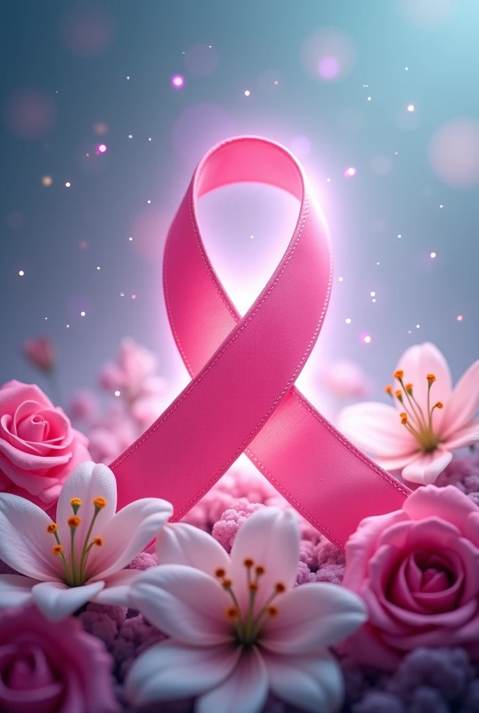 Create a vibrant and emotionally impactful image for Breast Cancer Awareness Month. In the center, place a pink ribbon, a universal symbol of the fight against breast cancer, softly illuminated by a soft glow. Surround the ribbon, integrate a mix of delicate flowers, such as roses and lilies, which symbolize hope and resilience. Add a background that conveys a sense of serenity, with soft shades of blue and lavender. Incorporate a subtle pattern of stars or twinkling lights to represent the strength and inspiration of survivors and those fighting the disease. Include the phrase “Together in the Fight Against Cancer” in a color that contrasts well with the background, such as a light shade of gold or silver, in a neat, readable font. The image should convey a sense of hope, solidarity, and strength, with an artistic quality that captures attention and inspires action and awareness.