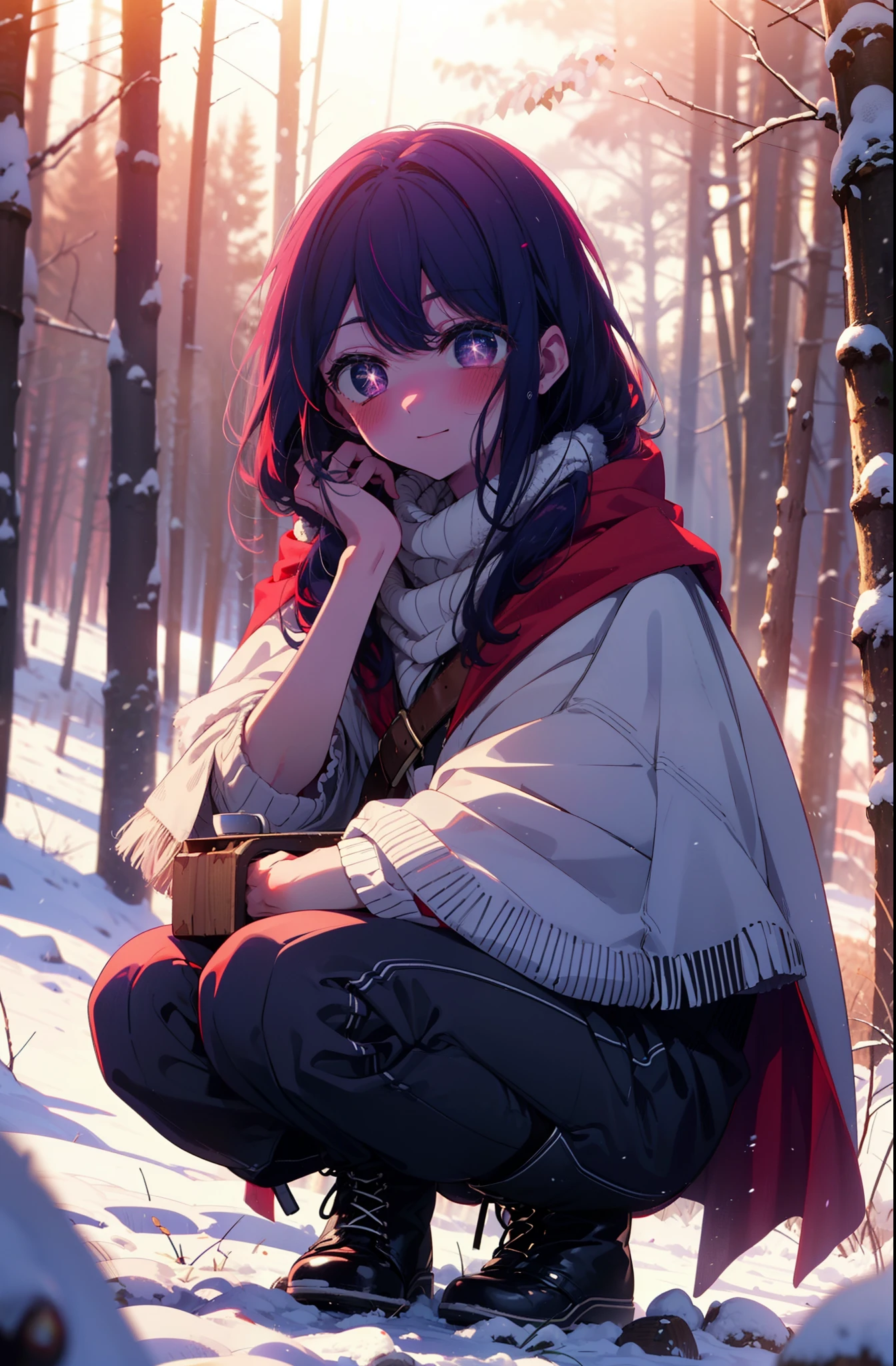 aihoshino, Ai Hoshino, Long Hair, bangs, (Purple eyes:1.1), Purple Hair, (Symbol-shaped pupil:1.5), smile,,smile,blush,white breath,
Open your mouth,snow,Ground bonfire, Outdoor, boots, snowing, From the side, wood, suitcase, Cape, Blurred, , forest, White handbag, nature, Squat, Mouth closed, Cape, winter, Written boundary depth, Black shoes, red Cape break looking at viewer, Upper Body, whole body, break Outdoor, forest, nature, break (masterpiece:1.2), Highest quality, High resolution, unity 8k wallpaper, (shape:0.8), (Beautiful and beautiful eyes:1.6), Highly detailed face, Perfect lighting, Extremely detailed CG, (Perfect hands, Perfect Anatomy),