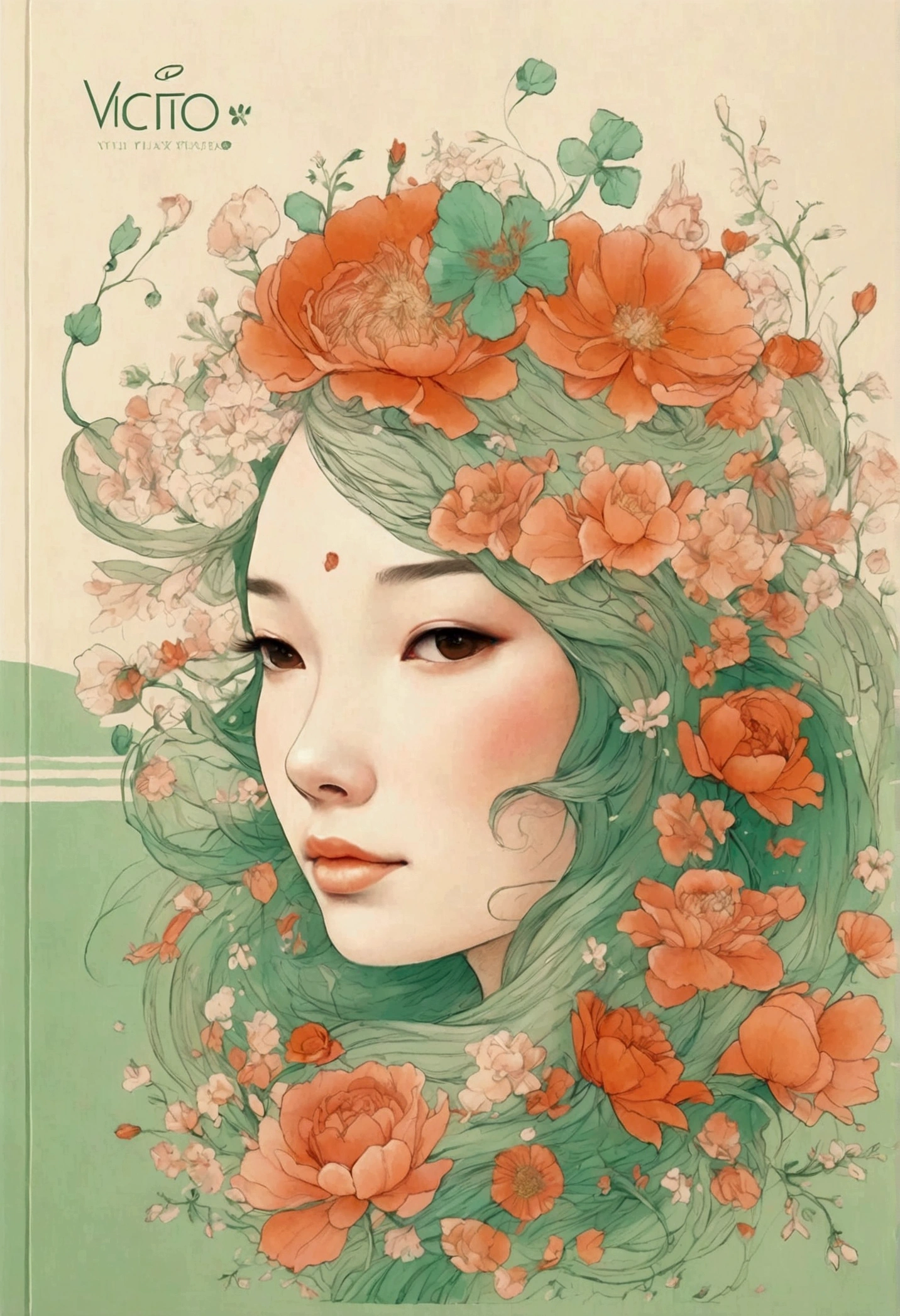In the style of Victo Ngai, beautiful details,Canvas tote bag design,Simple,modern,advanced,cute,Color blocking,flowers,Taiping Life Insurance Logo,Orange,light green,grid,line,illustration,Vigor,pixar,