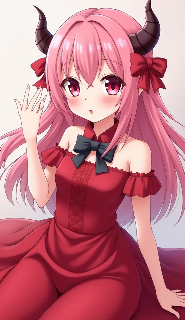 Girl with pink hair and horns wearing a red dress., Sakura Haruno, anime girl named lucy, visual anime of a cute girl, best anime girl, as an cartoon character, Sakura Haruno, Shirabii, Sakura Haruno en modo salvia babosa, female cartoon character, megumu okada, cartoon character, an anime girl, Kaname Madoka