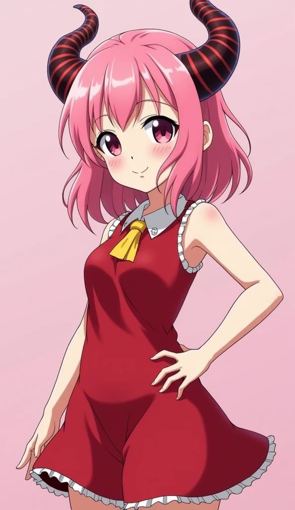 Girl with pink hair and horns wearing a red dress., Sakura Haruno, anime girl named lucy, visual anime of a cute girl, best anime girl, as an cartoon character, Sakura Haruno, Shirabii, Sakura Haruno en modo salvia babosa, female cartoon character, megumu okada, cartoon character, an anime girl, Kaname Madoka
