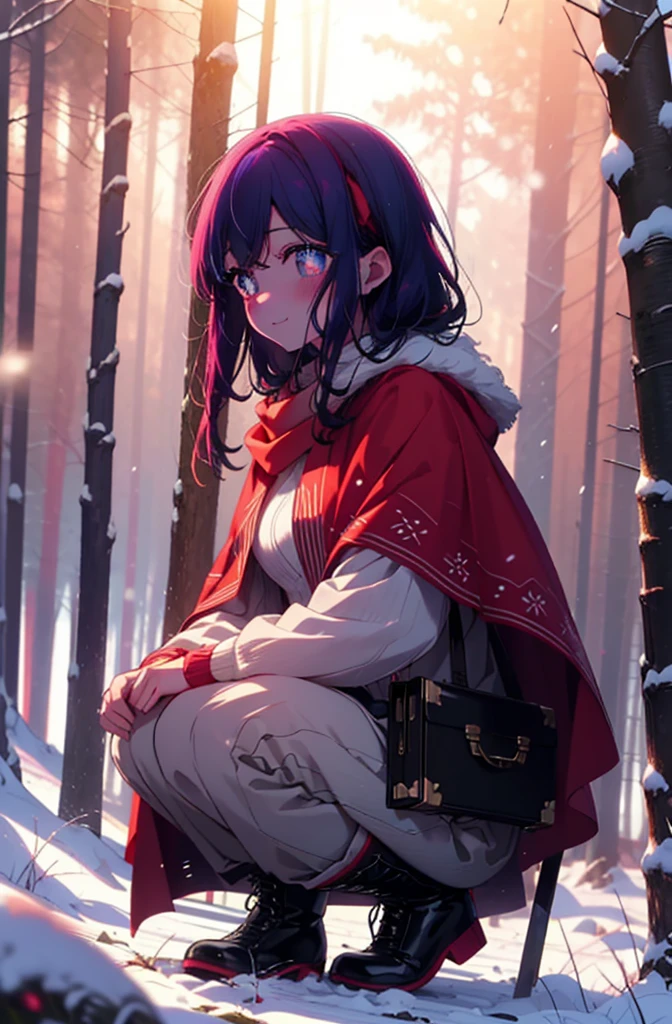 aihoshino, Ai Hoshino, Long Hair, bangs, (Purple eyes:1.1), Purple Hair, (Symbol-shaped pupil:1.5), smile,,smile,blush,white breath,
Open your mouth,snow,Ground bonfire, Outdoor, boots, snowing, From the side, wood, suitcase, Cape, Blurred, , forest, White handbag, nature, Squat, Mouth closed, Cape, winter, Written boundary depth, Black shoes, red Cape break looking at viewer, Upper Body, whole body, break Outdoor, forest, nature, break (masterpiece:1.2), Highest quality, High resolution, unity 8k wallpaper, (shape:0.8), (Beautiful and beautiful eyes:1.6), Highly detailed face, Perfect lighting, Extremely detailed CG, (Perfect hands, Perfect Anatomy),