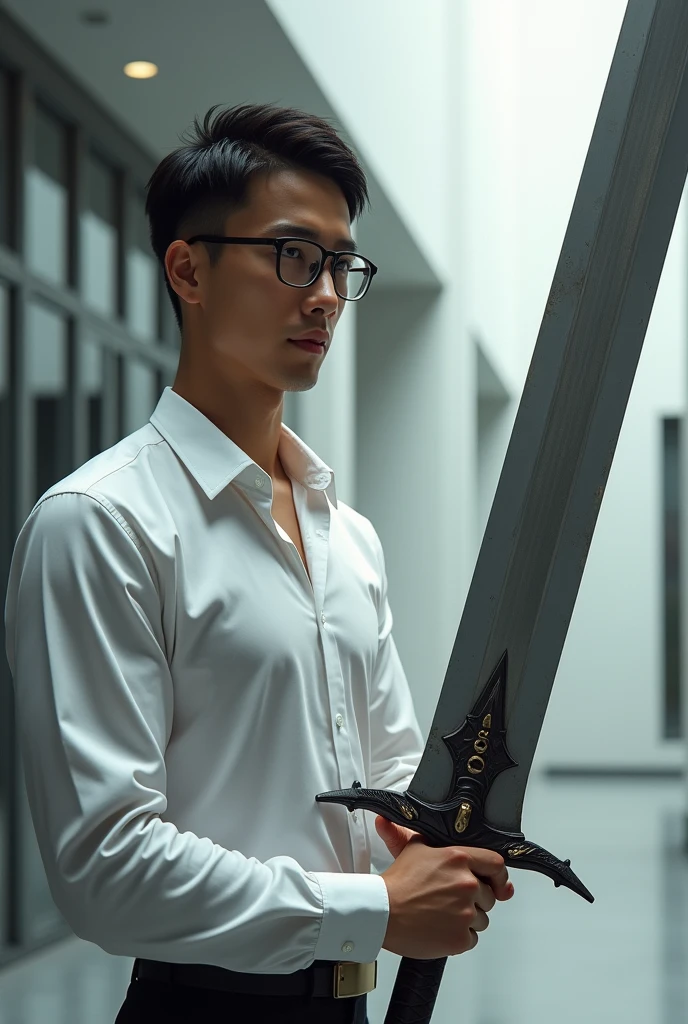 Tall lean man with glasses, young, short hair , formal white shirt, full body, modern, giant great sword 