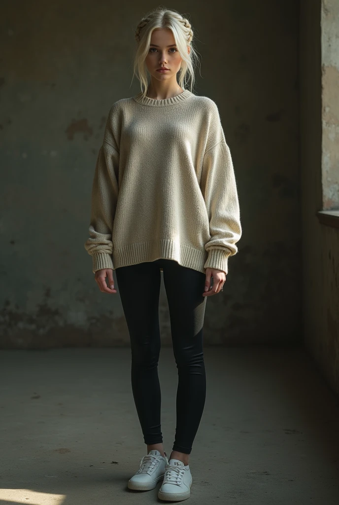 ( detailed realistic background:1),
( official art, beautiful and aesthetic:1 ),
realistic lighting,
cinematic lighting,
hyperrealism,
soothing tones,
muted colors,
high contrast,
soft light,
sharp,
artistic photoshoot,
( cute,  ),
slender,
european,
pale cheeks,
square face shape with angular jaw,
natural "no-makeup" makeup,
big breasts,
,
platinum blonde hair ,
crown braid  ,
wearing (Oversized_sweater:1.4),(Leggings:1.3),(Slip-on_sneakers:1.2),(Street_art_background:1.4) ,
looking at viewer,