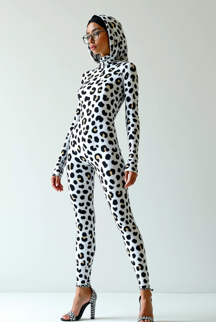 A beautiful,thin and nice asian muslimah woman wears white leopard print lycra turtleneck unitard catsuit covered with many spots and white leopard print lycra dancewear hood-like hijab covered with spots.She must wear a pair of glasses