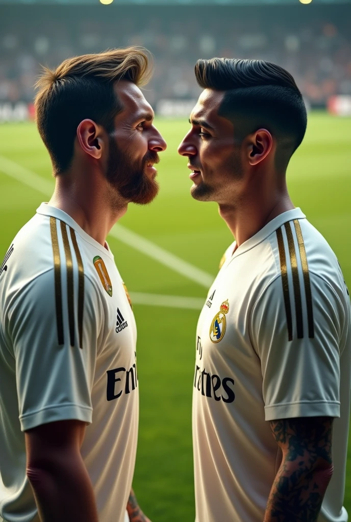 Wearing  real madrid jersy old messi and young ronaldo just like real life