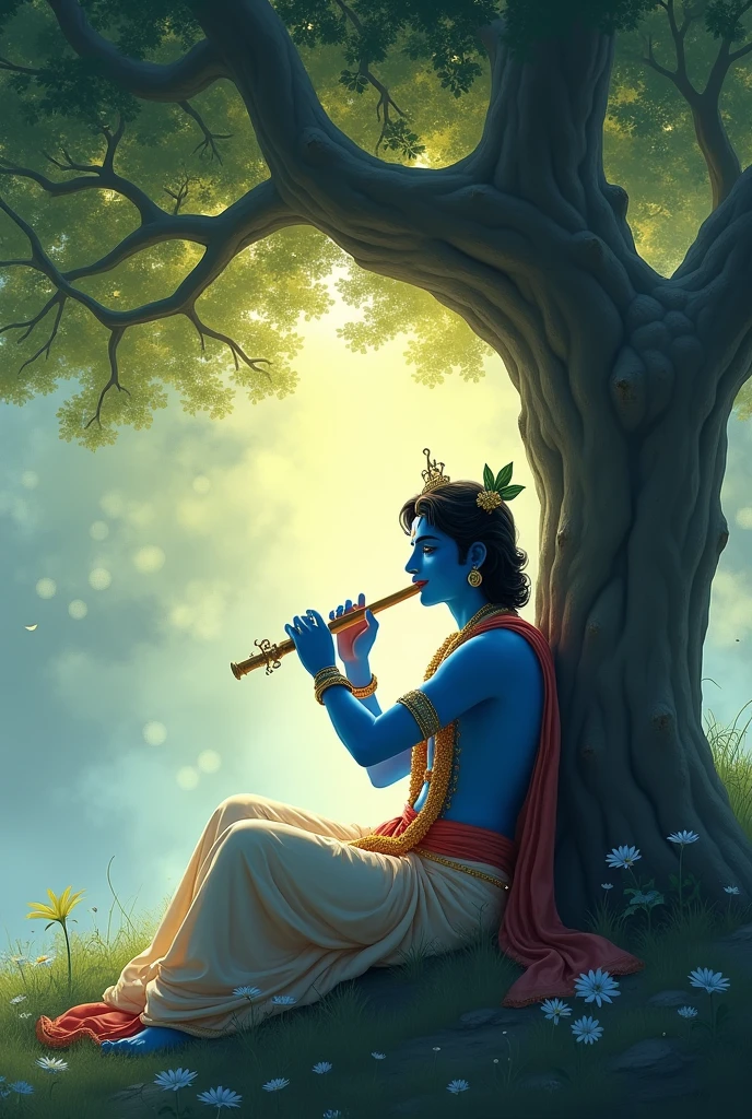 Lord Krishna was sitting leg up leg under a shady tree playing the flute shadow drawing 
