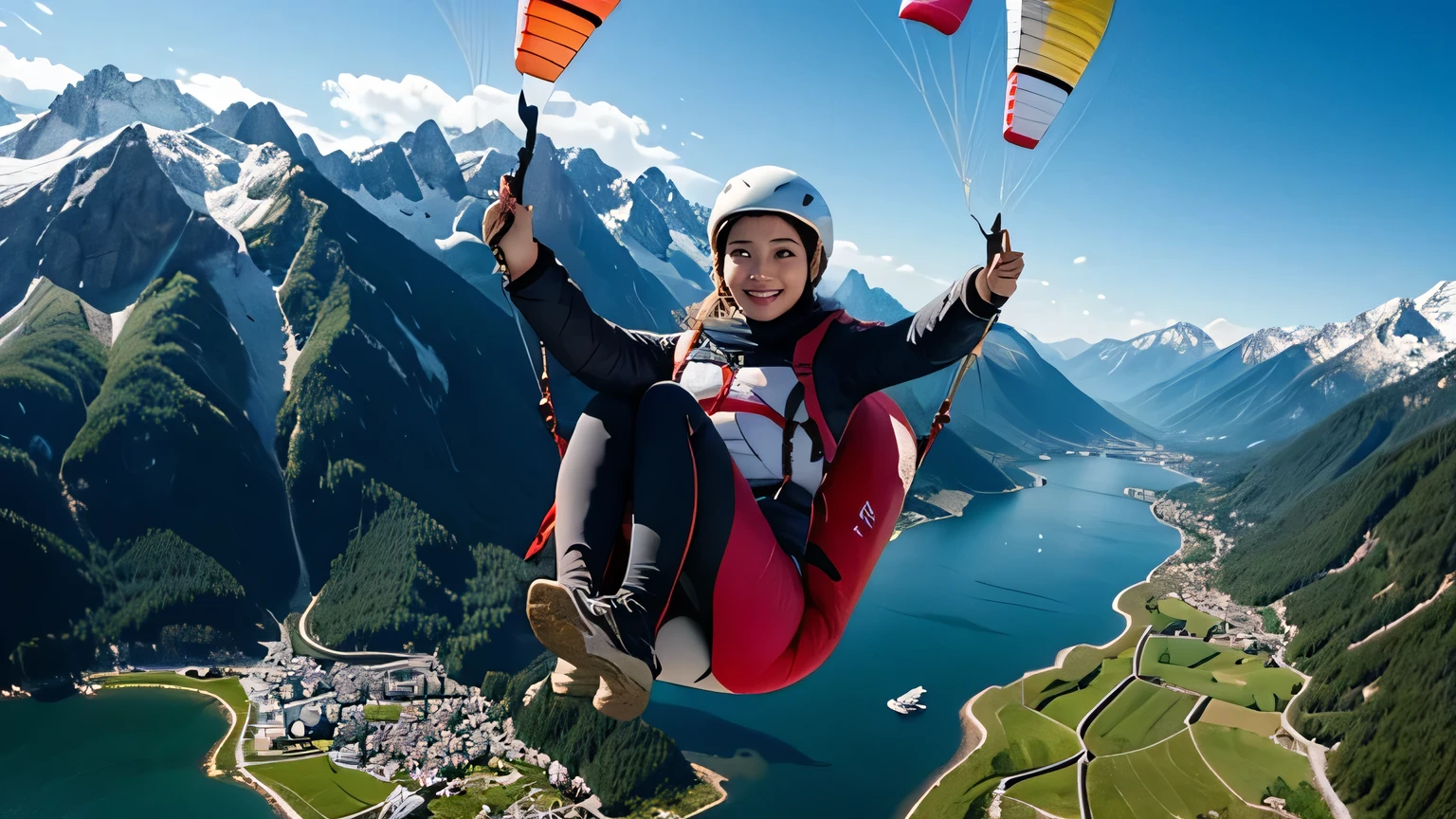 Beautiful Korean Girl wearing hijab, 25 Years Old, Paragliding in Swiss Alps Valley, ((In the air)), ((Paragliding)), Solo, Air, Realistic, Ultra HD, 8k unity Wallpaper, Ray Tracing, Beautiful smile, (smile:1.2), Knee length red dress wearing long leggings, detailed background, Detailed skin, Detailed dress, Stylish look, Enjoying fully in paragliding, Beautiful nature background view from the air,