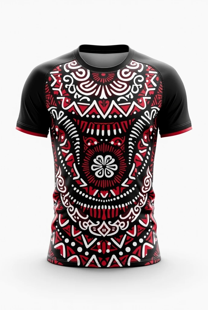 Create rugby jersey maori  tribe full  pattern white black and red retro round neck collar white background  two side 