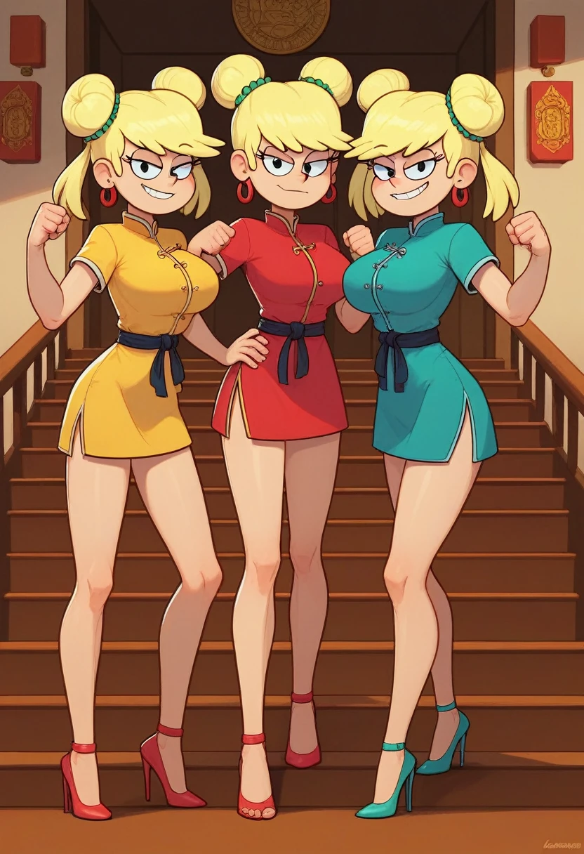 leni loud, 3girls, trio, 24yo girl, large breasts, green cheongsam,  inside of a chinese temple, looking at viewer, blonde hair, two hair buns , hands  score_9, score_8_up, score_7_up, high heels, teep fighting stance,martial arts, stairs behind her, guarding the stairs, a door behind the stair, they are identical twins