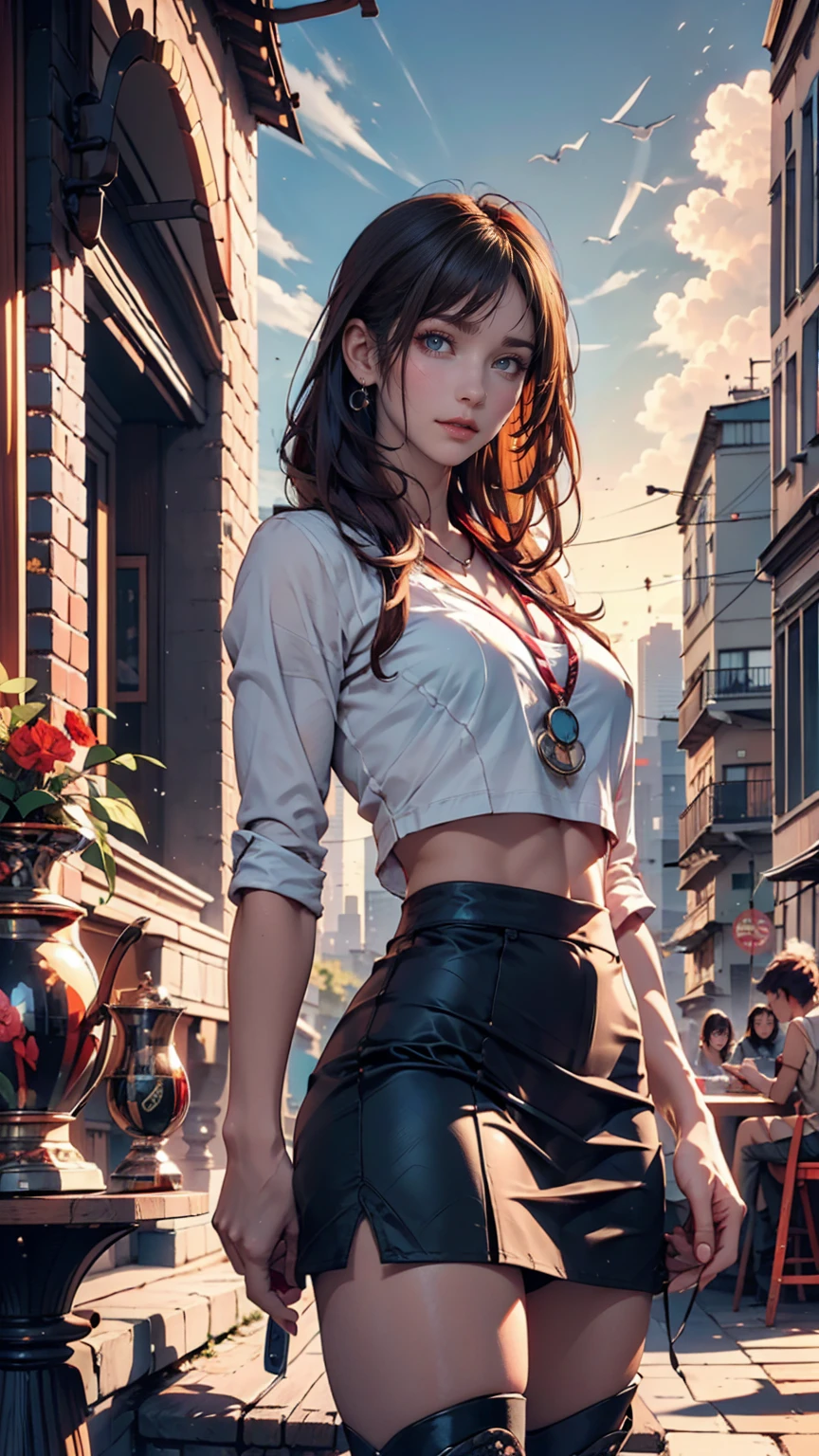 ((Best illustrations)) Brazilian, Redhead, Teenage body, Black Top, Black tight skirt, Black boots, Cityscape, building, Skyline, sunset, Silhouette reflected in the clouds, Contemplative.  