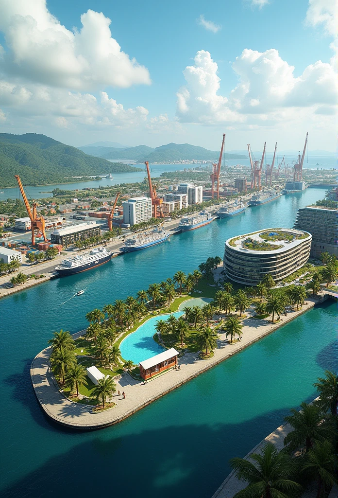 Panama&#39;s deepwater international megaport with shops, Hotel, restaurants, park and shopping