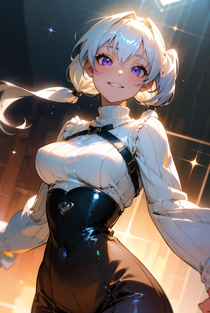 (masterpiece), (ultra-detailed), ((extremely delicate and beautiful girl)), (realistic:0.5), 1girl, (petite), 18 years old, grin smiling, (Yukine chris), white hair,  low twintails, purple eyes, Mature Body, large breasts, perfect hands, five fingers, ((knit sweater,underbust)), ((high waist long skirt)), ((jumping)), night time, ((apparel shop)), shiny skin, shiny body, amazing, perfect anatomy, ((dynamic angle)), ((Dutch angle)), ((close-up)), high resolution, Detailed background, ((perfect anatomy)), best shadow, 8k wallpaper, (extremely detailed CG unity 8k photo), (hexagon effect, glitter effect, (rays of light)), depth of field, best lighting, hard focus