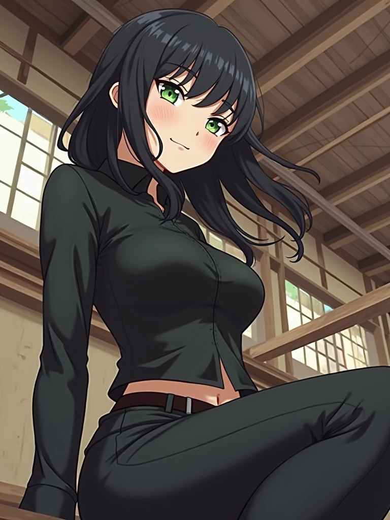 anime girl, Jujutsu Kaisen, light green eyes, clear skin, casual black clothes, long black hair, subtle freckles on the cheeks
