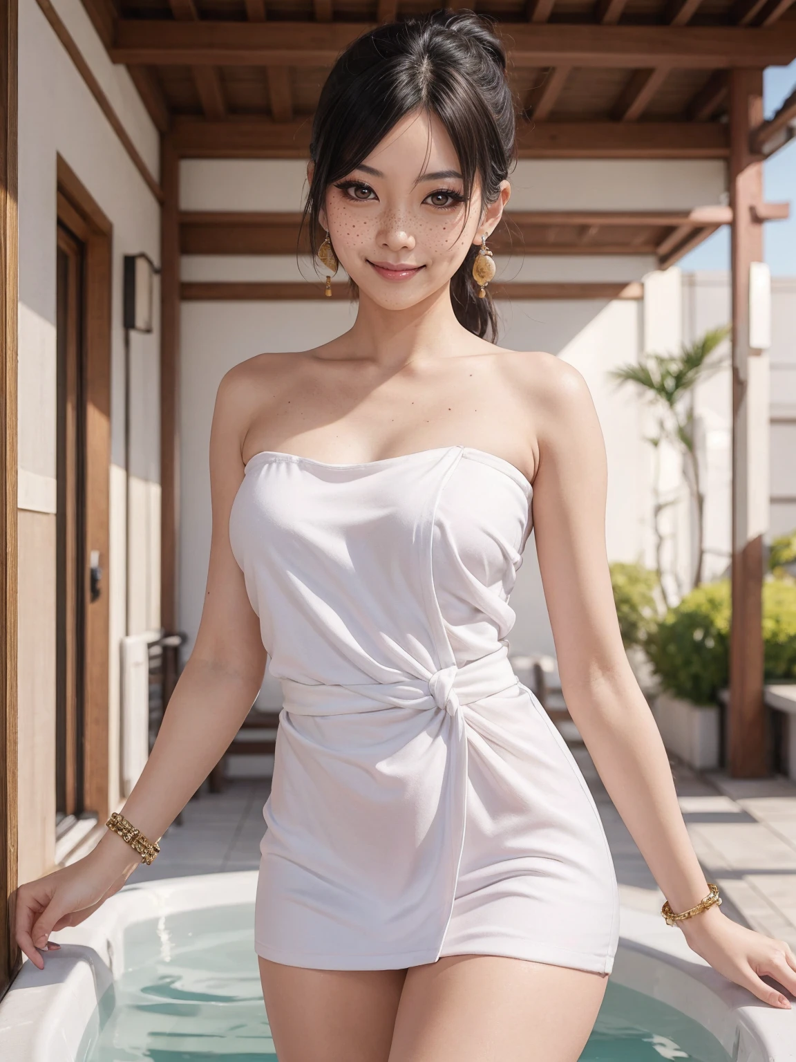 soft_light, (Masterpiece: 1.5), (Best Quality: 1.5), High Resolution, High Detail, sfw (Japanese MILF beauty, slanted Asian eyes:1.35), Solo, Skin Highlight, Sharpen, Clear, straight hair, ponytail, multicolored blond hair, Jewelry, bracelet, earrings, pale skin, smile, shopping in crowded plaza street, (wearing bath towel, flat_chested, thighs, freckles)