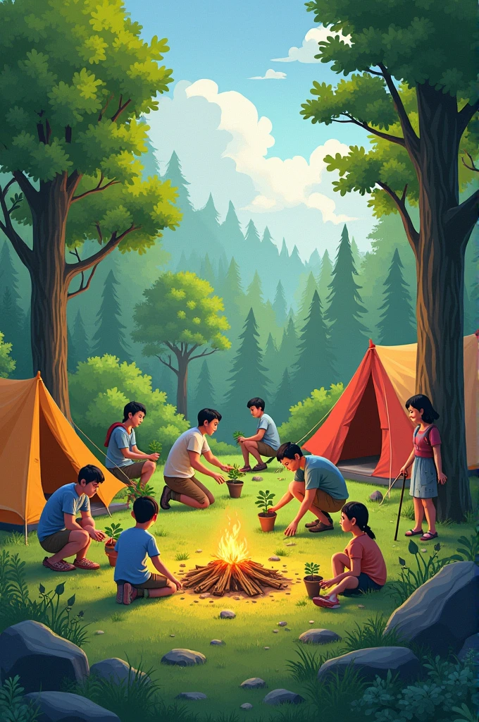 create a design that contains a combination of tree replanting activities and group camping activities