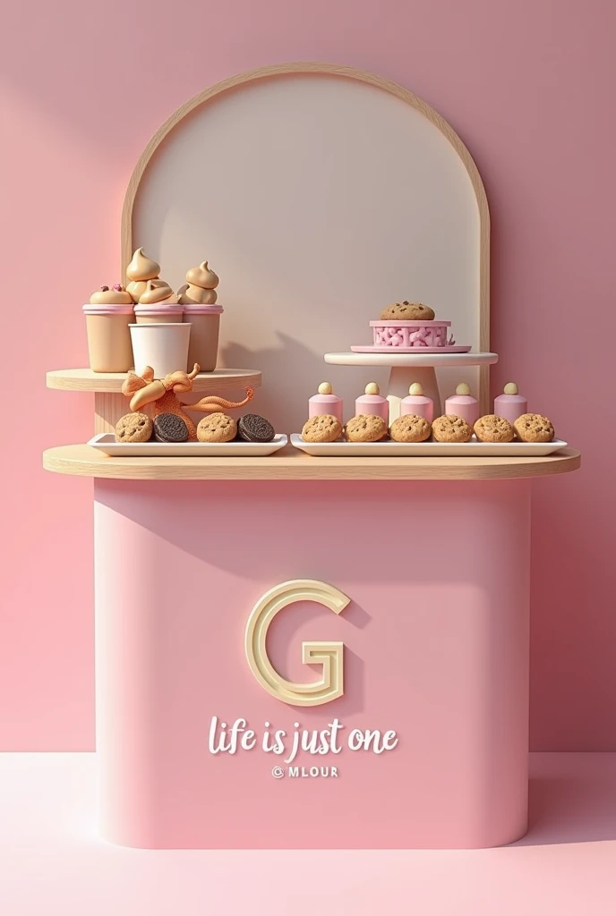 Create a realistic booth on just one rectangular cookie business fair table, Please use the cookie logo at the stand (the brand logo) Use pastel colors or cute colors to make this company eye-catching for both men and women.
Please do not use too many trays or too many cookies, maximum 4 of each flavor, you will put 20 cookies in total, 5 cookies of each flavor you put, and you put a title in front that says each flavor, There are oreo, nutella, Nutella with mym and oreo with mym. The logo is a "g" and the phrase "life is just one" both in italics please.
The logo on the table please