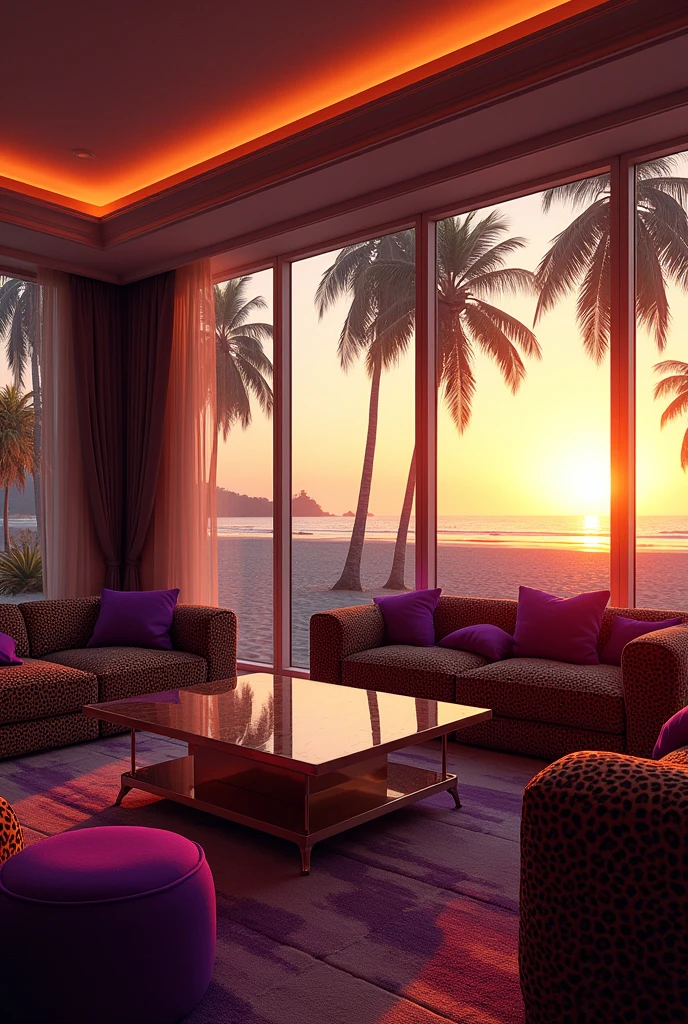 Make me a very large room, the furniture is leopard-colored, the purple pillows, it&#39;s sunset so all the sun hits the inside of the house leaving a very nice glow, the windows are large and you can see that we are in front of the beach, you can see palm trees outside, the room is very luxurious and extravagant, we are in the year 1985 so this is how the room looks with all the details of that time, it is very realistic and very beautiful 