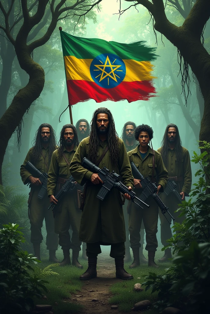 Seven Amhara Fano fighters in a scary jungle with long trees and their logo and flag has only green,yellow and red colors and the colors line respectively.And also they have modern weapons.In addition They don't cut their hair for a while that mean they have long hair and they tie the flag on their forehead.