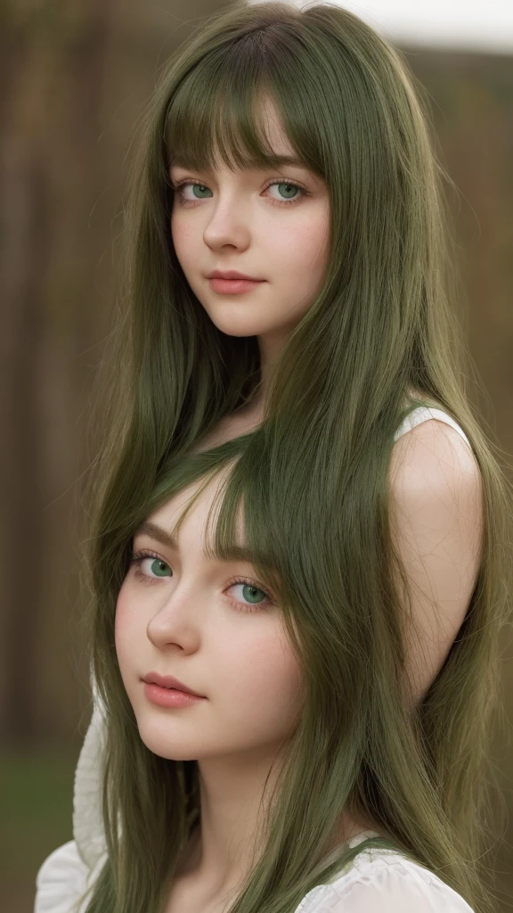 a girl. European. Extremely detailed face. Oval face. Delicate facial features. Half-closed eyes. Long straight hair. Messy hair. Bangs. Green hair. Green eyes. slight smile