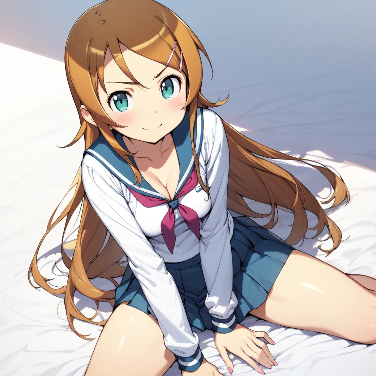  (masterpiece), (Highest quality), High resolution, (Very detailed), (Best illustrations), (Best Shadow), (Beautiful girl), (Absurd), (White background), (White Room), (White carpet), 

 (Kirino Takasaka), (kirino kousaka), 
Blonde, Long Hair, Hair Clip, Green Eyes, bangs, Shyness, smile, 

 (Highly detailed face),  
(One person、solo:1.7), Big eyes,slender, Beautiful Skin, 

high school girl,Sailor suit,Short skirt,
Full Shot, panoramic, Striped underwear, 

Cleavage, tits, Butt, 
Spread your legs a little, 