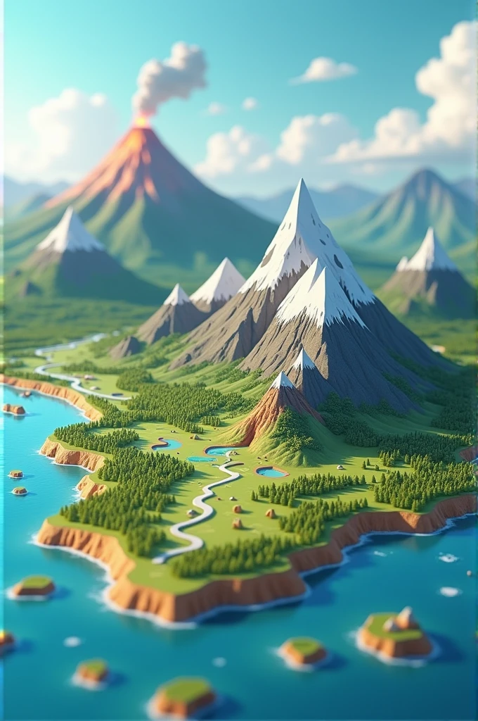 An animated map of a country where there's a mountain in the Northern part and a volcano in the southern area