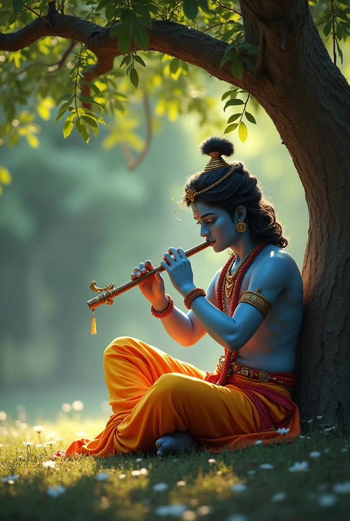 Lord Krishna was sitting one leg fold in second leg under a shady tree playing the flute shadow drawing