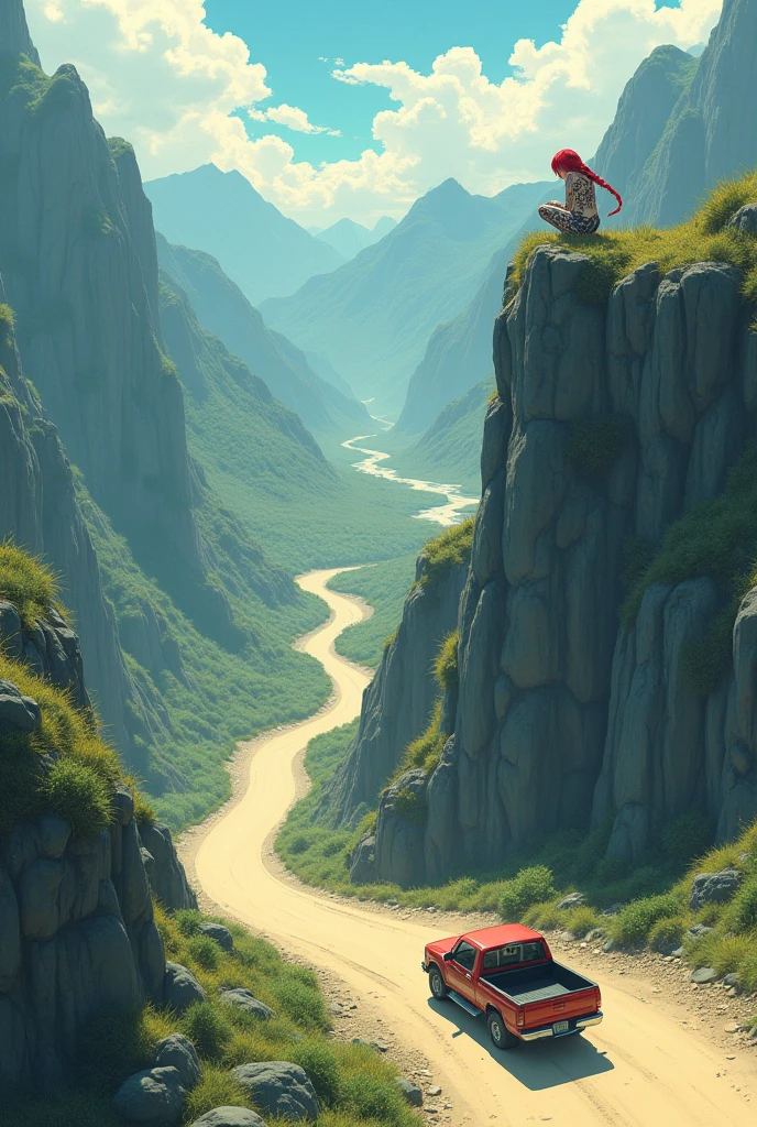 The Ghibli-style image shows an aerial view of a Toyota Hylux pickup truck cruising along a sandy road on top of a mountain., between high mountains and a river passing between them.
on a mountain, There is a crouching demon girl who has tattoos all over her body, a single long braid and red hair, It has no wings or tail and can barely be seen from a distance..