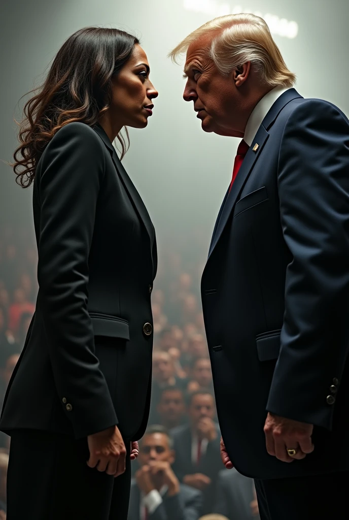 Kamala Harris and Donald Trump staring each other down like boxers