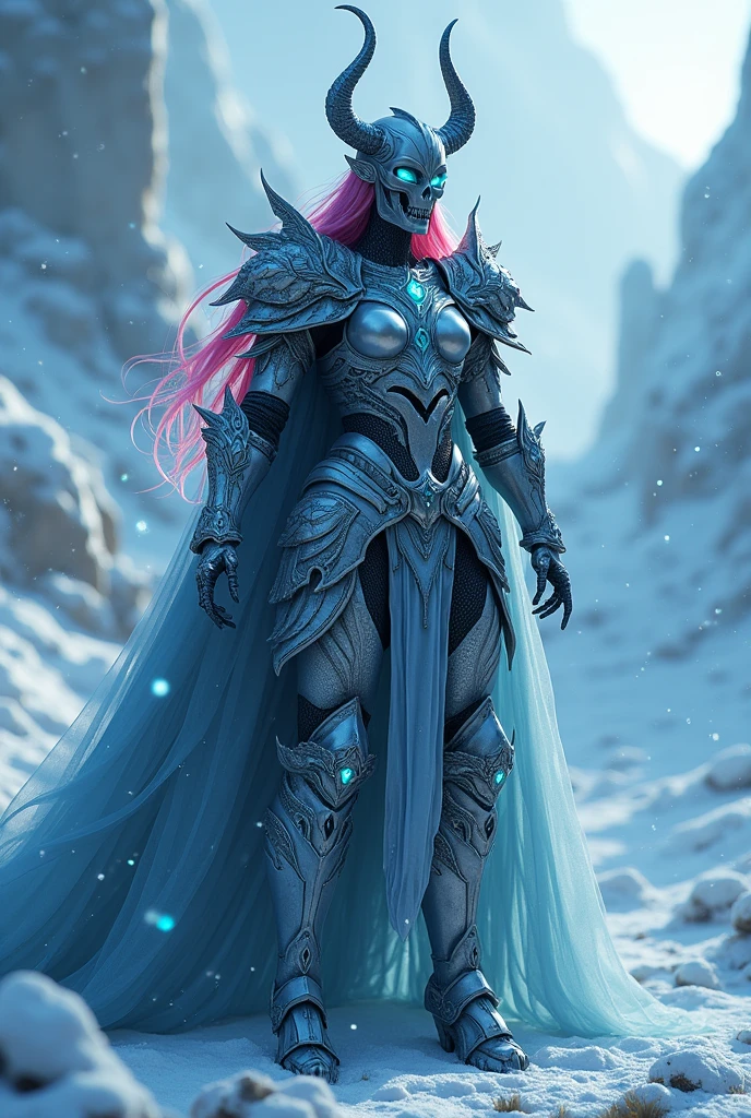 deathknight,epic,woman,Standing with one arm reaching out((hyperdetailed photography))),realistic,ultra detailed,ray tracing,octane render,intricate,cinematic,glowing body features,ornate skull armor,colored inner hair,masterpiece,fractal,fair,perfection,hyper realistic reflections,50nm dof,bokeh,realistic,sharp focus,ultra detailed,8k,uhd,snowing environment,high resolution,trending on artstation and deviantart,featured,glacial blue theme