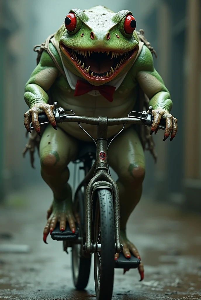 Frog on bike red eyes teeth sharp wearing costume