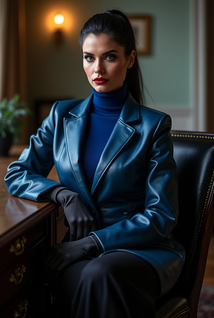 photo of  a soaked and sweaty completly clotheless horny prime minister of parliament woman with a  sensual smile sitting on  her desk  legs crossed and naked ,waitin for the man she loves , monica bellucci at 35 years old , ((incredibly clear blue eyes )) (( flirting with the camera)) (( lookin at the camera)) (( red lipstick))  (( Monica is dressed with a blue leather tellier double breasted jacket blue turtleneck sweater , and a black long maxi-skirt(black long maxi-skirt:1.2 )) (( black soft stiletto Leather boots )) (( black ponytail hair)) (( she is wearing his favorite vintage grey silk gloves )) ( (( the photo is from up front ))