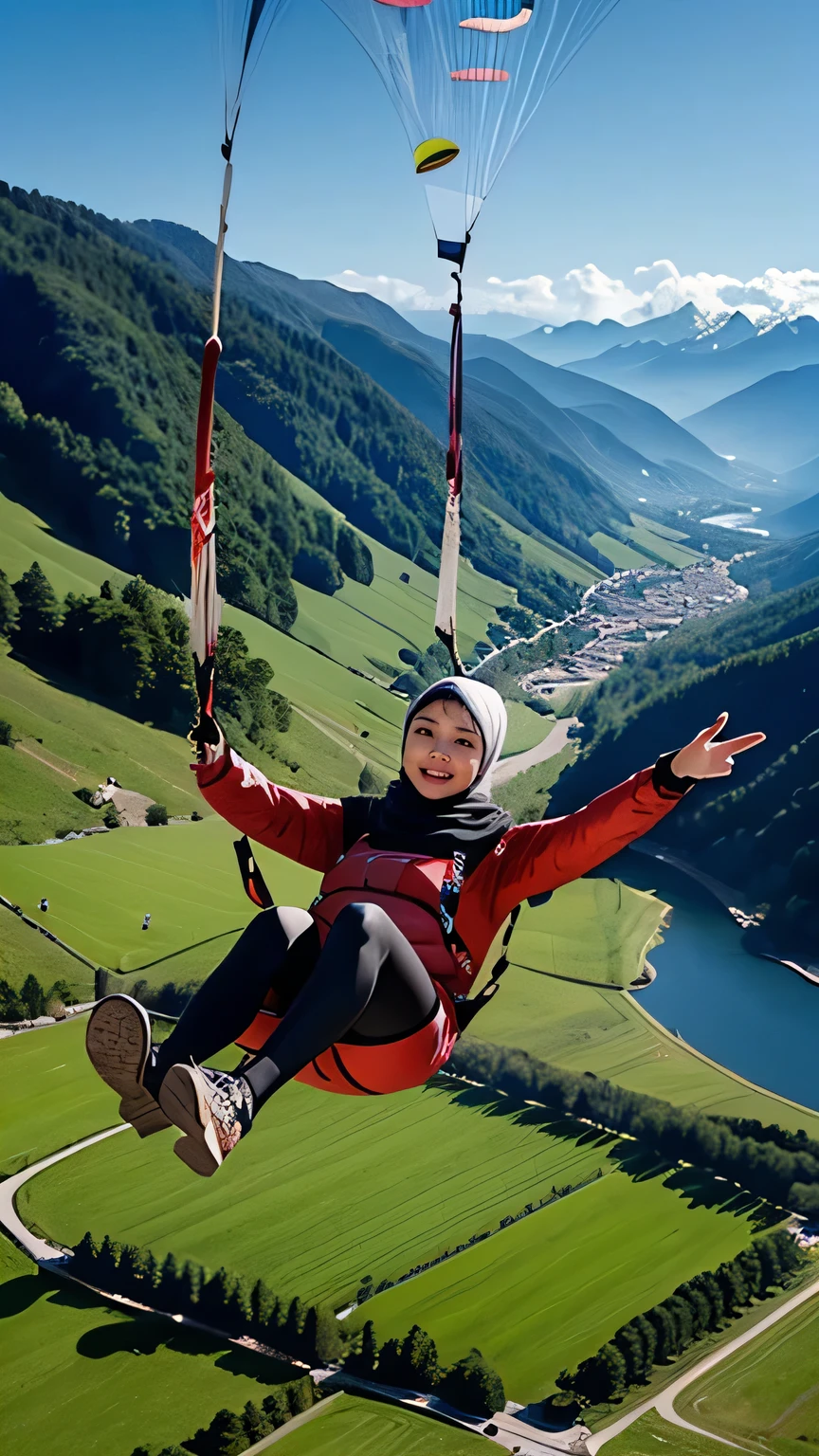 Beautiful Korean Girl Wearing Hijab, 25 Years Old, Paragliding In Swiss Alps Valley, ((In the air)), ((Paragliding)), Solo, Air, Realistic, Ultra HD, 8k unity Wallpaper, Ray Tracing, Beautiful smile, (smile:1.2), Red knee length dress wearing long leggings, detailed background, Detailed skin, Detailed dress, Stylish look, Enjoying fully in paragliding, Beautiful natural background view from the air,