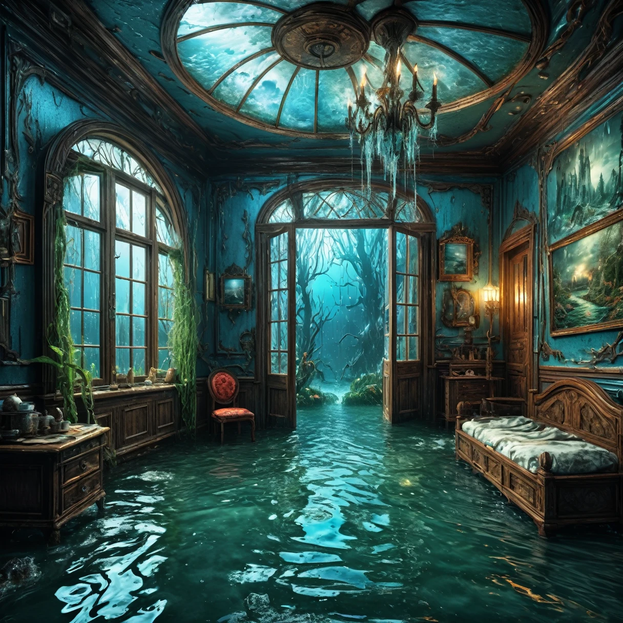 8K, Ultra HD, HDR, Intricate details, photo, Practical, Very detailed,

Don't be afraid. Just Water, Flooding the room, cold、Wet、fatal.

Fantasy style. Fantasy-like Dream Art. Surreal. 

