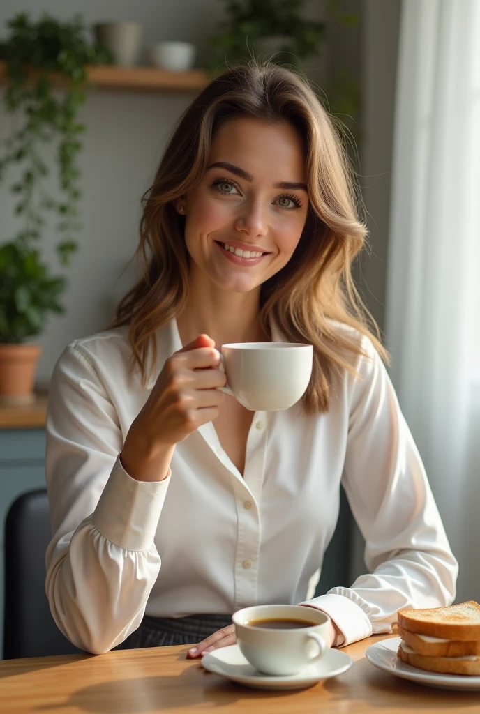 Lara Valentina, 22 years old, (piercing green eyes), is sitting at the kitchen table, enjoying a healthy breakfast. She wears an elegant formal outfit, consisting of a white button-down blouse, slightly fitted to the body, and a gray skirt, creating a professional and sophisticated look. Her light brown hair is loose, caindo suavemente sobre seus ombros. She holds a cup of coffee while smiling happily, while in front of you, on desk, there is a plate with toast and fresh fruit. The soft morning light illuminates the scene, creating a welcoming and productive environment, ready for the start of a new working day, detailed facial features, detailed human anatomy, high quality, photorealistic, 8k, hyper-detailed, perfect lighting, cinematic composition, elegant, beauty, graceful, seductive, attractive, captivating