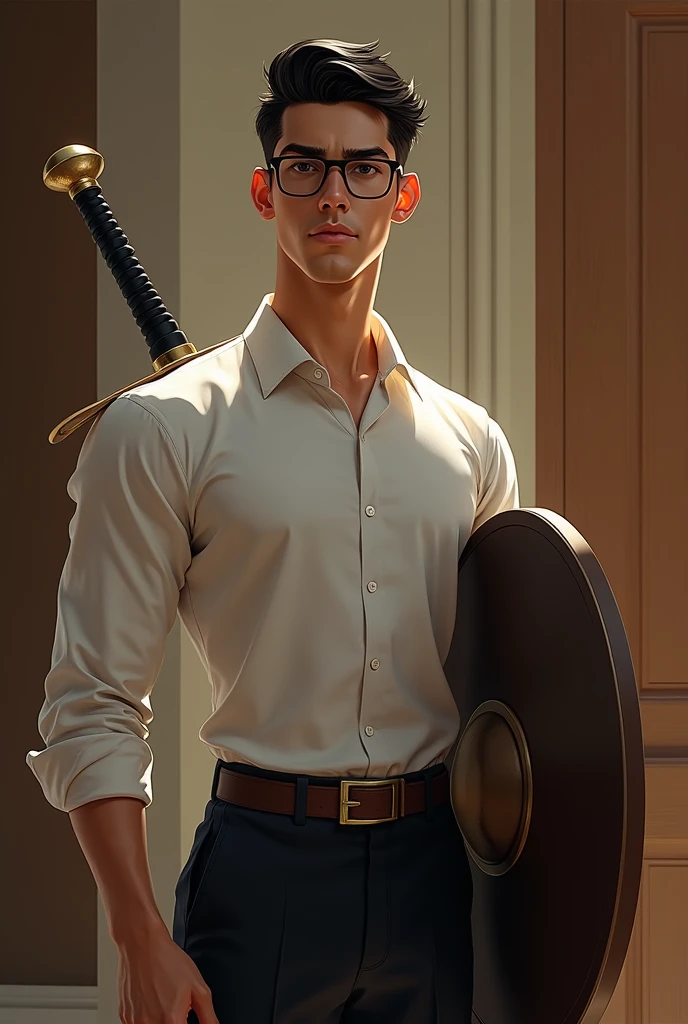 Tall lean man with glasses, young, short hair with light mustache, formal shirt, full body, sword and shield
