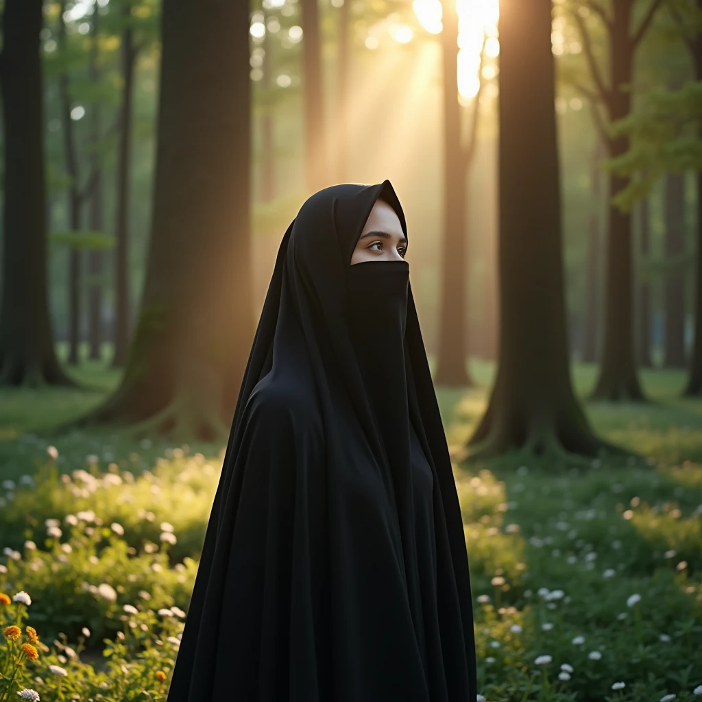 A beautiful young woman is wearing Black Borkkha and looking at the sun. Her face is not visible as the picture is taken from his back. She was in the middle of a beautiful forest where there were many beautiful trees and small white yellow flowers. Sun ray comes.