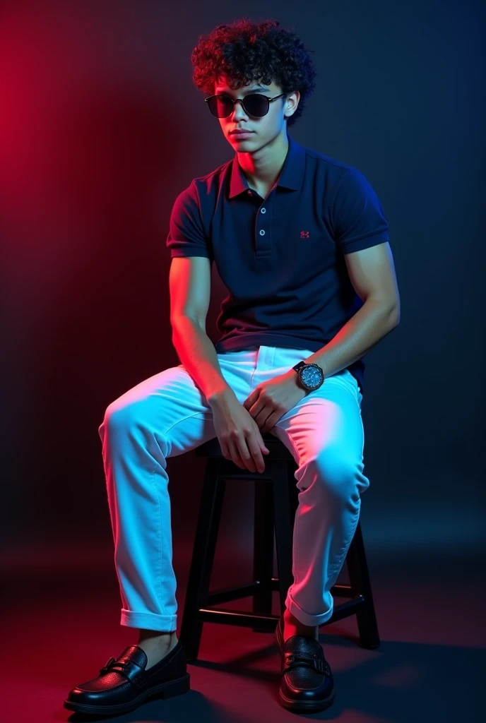 A tan kid with gym body and black curly hair and navy blue polo t shirt and white long trousers and old watch on it and black loafers sitting on black stool and black background with red and blue light on it the boy turning right side and wereing a sunglass