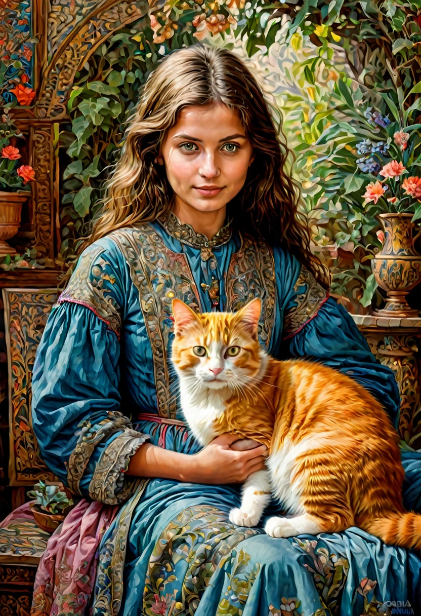Girl with cat, By Dorina Costella, best quality, masterpiece, very aesthetic, Perfect composition, Intricate details, Extremely detailed