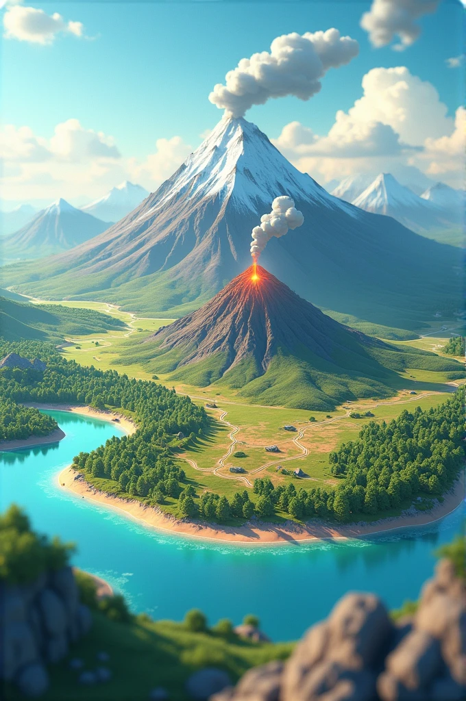An animated map of a country where there's a mountain in the Northern part and a volcano in the southern area