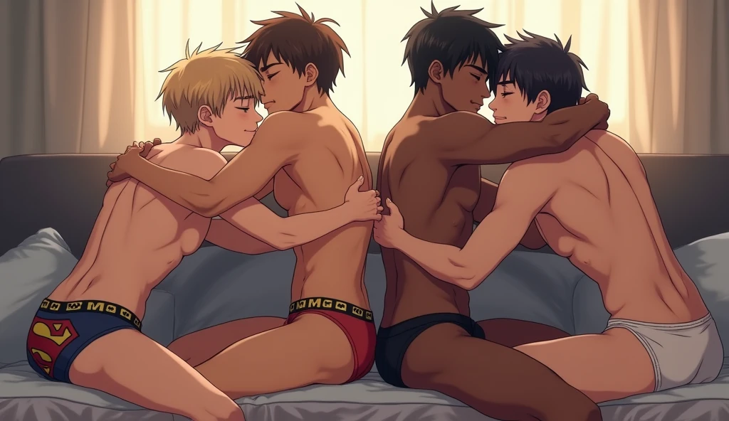 Two boys are kissing and two men, one on each side of them, are wearing only tiny underwear. The boy on the left has brown skin, blond hair and is wearing Batman underwear. The boy on the right is black and has black hair and is wearing Superman underwear. On the side of each of them, there are two men, also wearing only very short and small underwear. The man on the left has brown skin and blond hair and is wearing a black thong. The man on the right is black and has black hair and is wearing a white thong. The two men are also kissing. The boys are as tall as their groins. They are in a room kissing. The image has to be in anime and 18+.