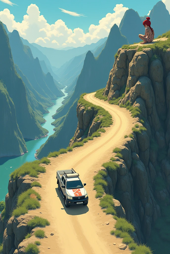 The Ghibli-style image shows an aerial view of a Toyota Hylux pickup truck cruising along a sandy road on top of a mountain., between high mountains and a river passing between them.
on a mountain, There is a crouching demon girl who has tattoos all over her body, a single long braid and red hair, It has no wings or tail and can barely be seen from a distance..