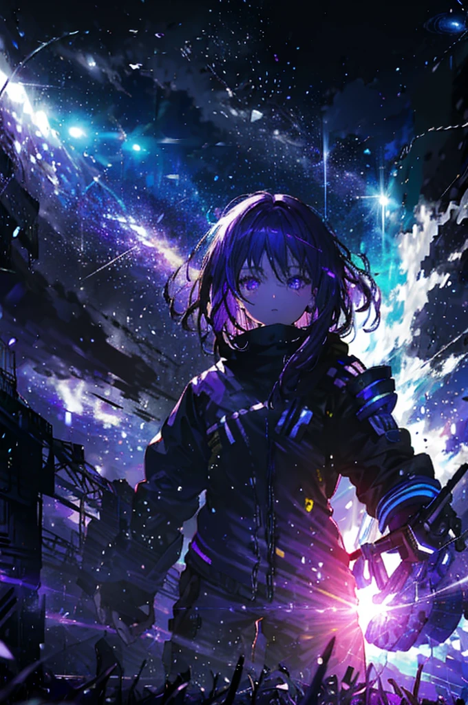 Purple haired girl, about 15 years old, yellow and blue odd eye, holding purple light, holding massive energy, space background, the girl is raising her hand up sky, absorbing purple light, distorted 