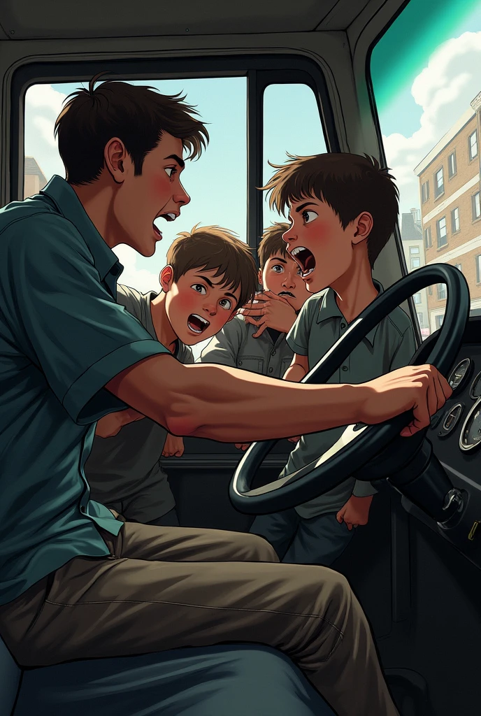 In a bus 4 boys have fun beating up a bus The driver surprises them next to a garage